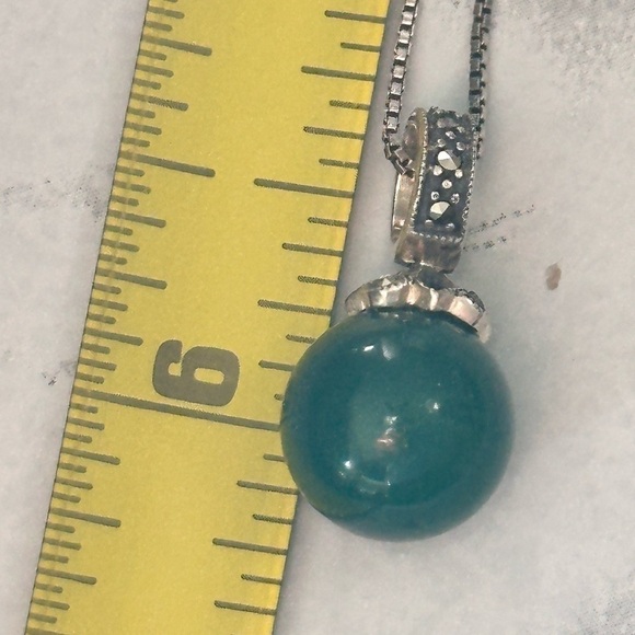 Sterling silver necklace Green Chalcedony, on box chain round pendant 1872 R - Picture 2 of 12